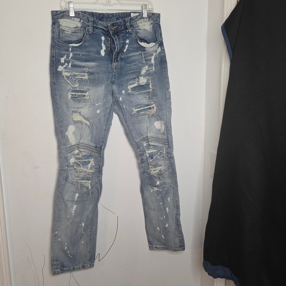 Smoke‎ Rise Mens Distressed Moto Jeans Blue Paint Splatter Ripped Slim 34x32